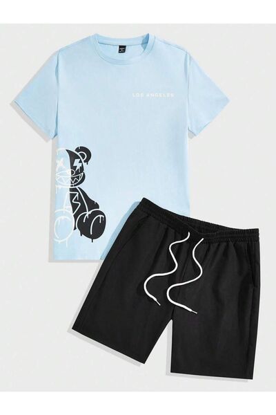 Moda Glo طقم شورت رجالي أسود كبير الحجم مطبوع عليه غزال برقبة دائرية وأكمام ق...