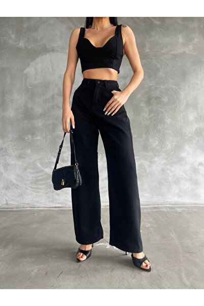 REELMODA Γυναικείο Palazzo Jean με ψηλόμεσο και Lycra μαύρο - φαρδύ πόδι