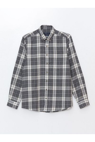 LC Waikiki Lcwaikikı - Classic Gray, Long Sleeve, Plaid Print Gabardine Shirt for Men