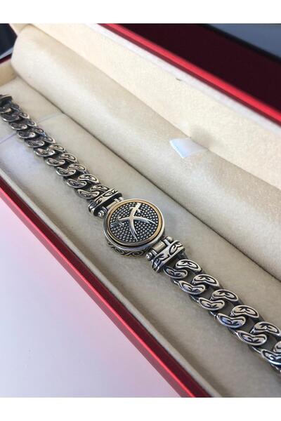 vogutima Erkek Gümüş Bileklik - Çift Zülfikar Kılıcı Ortası Dönen • Işıklı Ku...