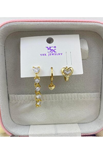 Arescollection PASLANMAZ ÇELİK YSX 3 LÜ KOMBİN ZİRKON TAŞLI KALPLİ AKALİTE SET KÜPE