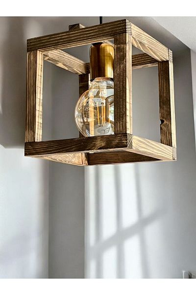 ONUR AVİZE Walnut Color Retro Wooden Chandelier - Single Antique