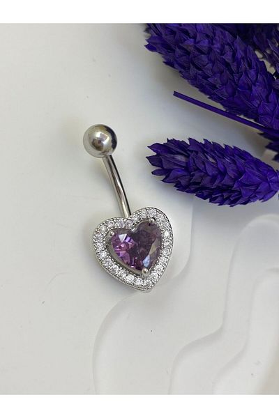 Arescollection CERRAHİ STEEL SILVER COLOR ZIRCON STONE HEART BELLY PİERCİ