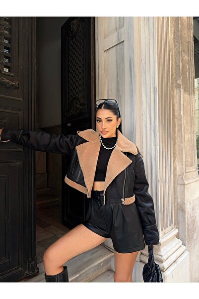 Ekim Store Παλτό Suede Crop - Λούτρινο γιακά