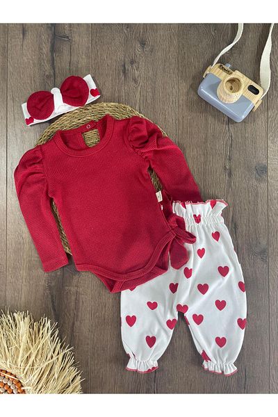 bebicix Heart Printed Bandana Baby Girl Set with Snaps from the Bottom
