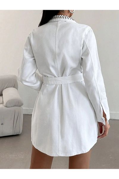 Lady Pixie Belted Long Denim Jacket with Stone Collar