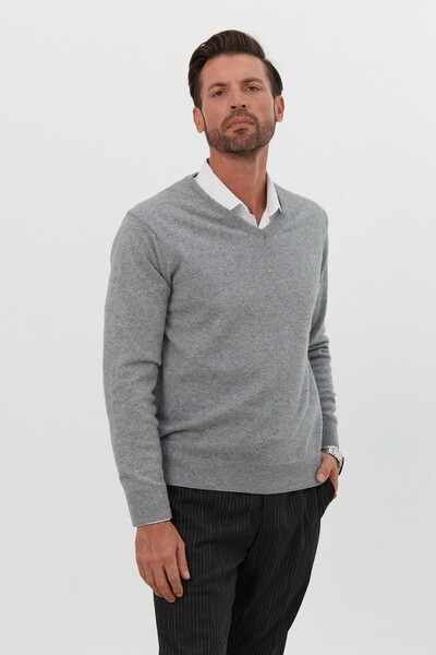 Livio Ferri Erkek Yünlü Normal Kalıp V Yaka Standart Fit Triko Kazak