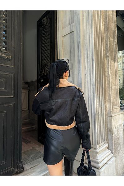 Ekim Store Suede Crop Coat - Plush Collar