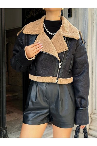 Ekim Store Suede Crop Coat - Plush Collar