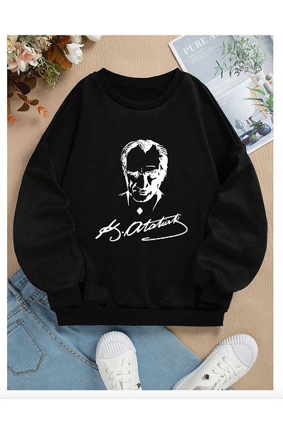 Pelna Hanorac negru pentru copii din bumbac cu decolteu rotund cu imprimeu Ataturk