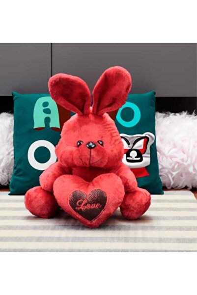 Mnk PELUŞ SEVİMLİ OYUNCAK TAVŞAN KALPLİ KOYU KIRMIZI