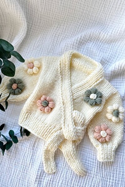 Sistaful El Örgüsü Kız Bebek Çocuk Çiçekli Hırka