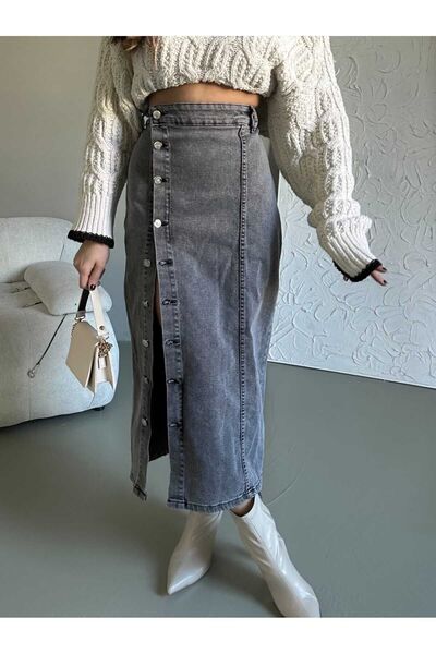 OXEDCO Fusta lungă din denim din lycra neagră antracit - cu nasturi și spălat pe zăpadă