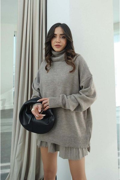 Mooi Butik Nerzfarbenes Fischerpullover- und Falten-Minirock-Set