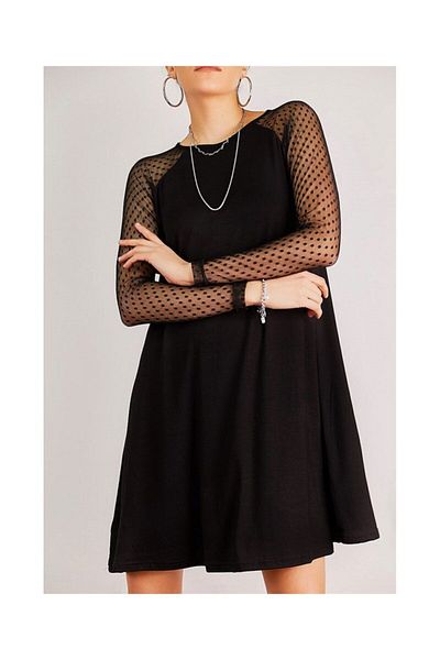 AQE FASHION Γυναικείο φόρεμα από τούλι πουά μαύρο μανίκι