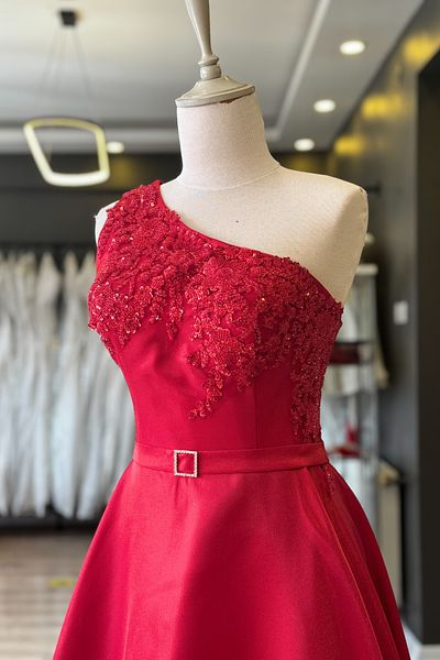Lenta Moda One Shoulder Red Lace Maxi Satin Evening Dress - Evening Gown