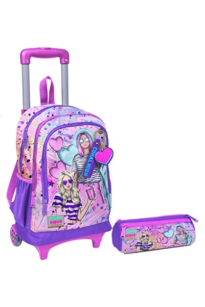 Coral High Pembe Mor Fashion Girl Işıklı Tekerlekli Çekçek Çanta ve Kalemlik ...