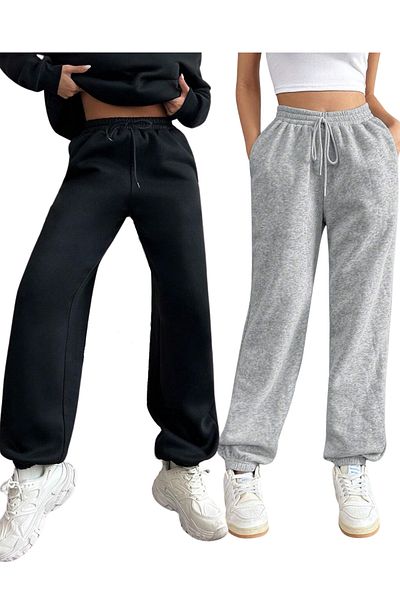 NAKRUF Ψηλόμεση Γυναικεία Jogger Sweatpants - Πακέτο 2, Μαύρο-Γκρι, Βαμβακερή επένδυση