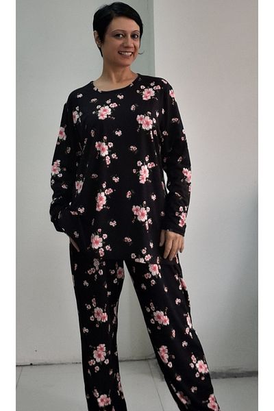 Mertcan Butik Combed Cotton Viscose Pajama Set - Black and Pink Floral, Bottom and Top Set