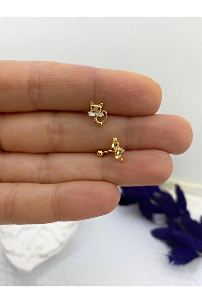 Arescollection ZİRKON TAŞLI KEDİ FİGÜRLÜ TRAGUS KIKIRDAK KULAK MEMESİ HELİX U...