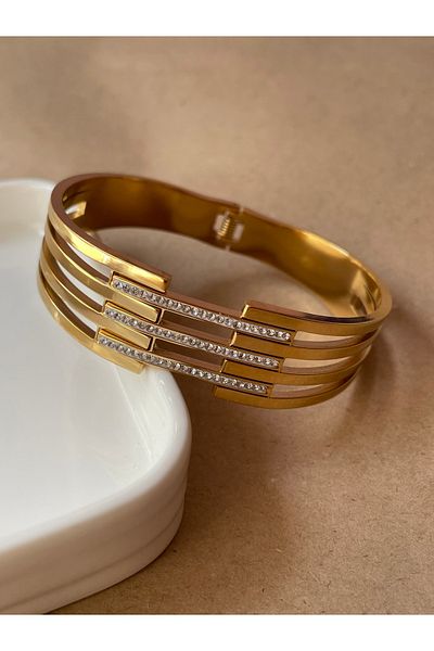 NAZLI Steel Bracelet-Thick Zircon Stone Rib New Season Trend Handcuff Bracelet 316L Non-Tarnish Width: 20 mm