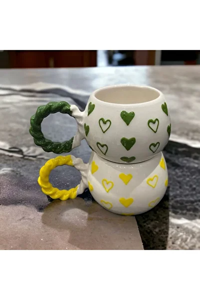 İZart 2' Bubble Mesh Handle Yellow-Green Small Heart Patterned Special Embossed Hand-Embroidered Ceramic Mug