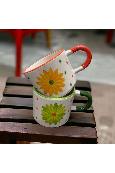 İZart Pack of 2 Orange-Green Daisy Patterned Special Embossed Hand Embroidered Ceramic Mug