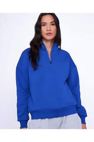 trendgar Blue Stand Collar Half Zipper Sweatshirt