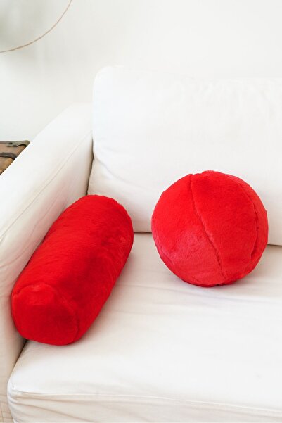 sevaradekor White Plush Ball Pillow - Cylinder Pillow Set of 2