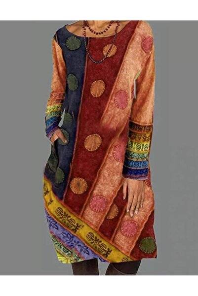 ARDSU Kadın Elbise Uzun Kollu Etnik Baskı Patchwork Cepli  Elbise