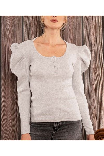 AQE FASHION Γυναικεία γκρι μπλούζα Princess Sleeve Snap μπροστά