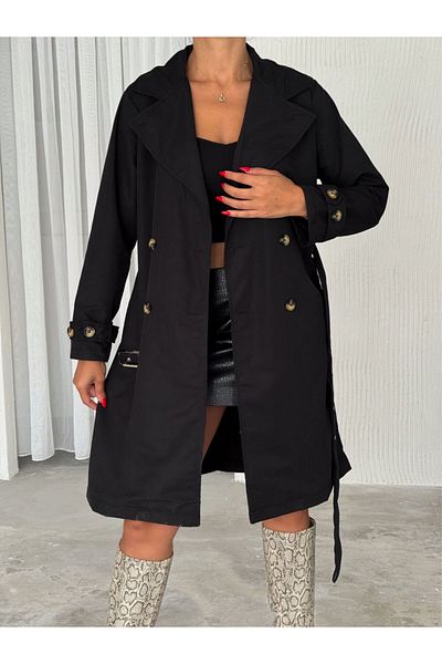 NEW JOURNAL Women's Black Belted, Double Buttons and Sleeves Buckle Water Repellent Trench Coat Tll- 100070048