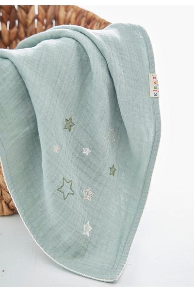 Kirazkids 100X100 Green Star Embroidered 4 Layer Muslin Blanket