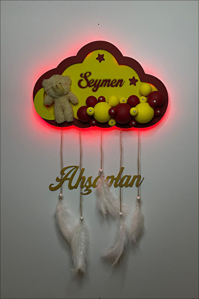 Ahşaplan Bubble Ledli Sarı Kırmızı Bulut Bebek Kapı Süsü | Bebek Odası Takım ...