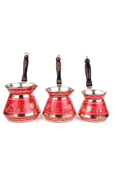 Zinnun Bakır Cezve Seti Mine İşlemeli Tombik 3'lü