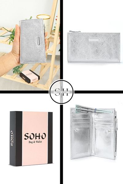 SOHO Original Women's Stylish Model Multi-Compartment Zip-up Snap-on Coin and Paper Money Compartment Card Holder Wallet
