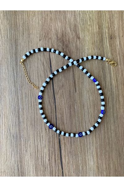 Stoneday Black and White Cam Necklace with Glass Evil Eye and Bead Detail