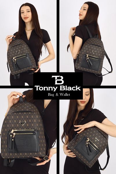 Tonny Black Γνήσιο γυναικείο ρυθμιζόμενο λουράκι Comfort Μοντέλο 3 Διαμερισμάτων Πολυτελές κομψό σακίδιο πλάτης πολλαπλών διαμερισμάτων και τσάντα ώμου