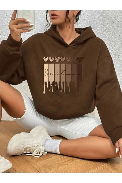 yueswear Кафяв унисекс плетен суитшърт с леопардов шарка - 2 прежди, повдигнати
