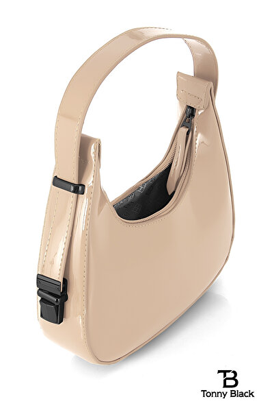 Tonny Black Original New Season Shiny Patent Leather Baguette Model Single Eyed Stylish Handbag and Shoulder Bag Mink