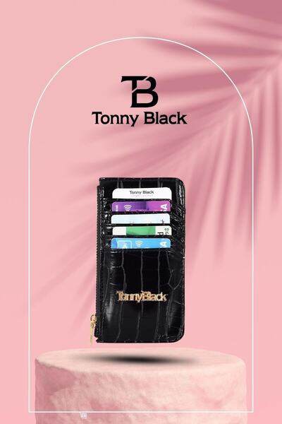 Tonny Black Originální dámský stylový a tenký držák na karty Croco se vzorem krokodýlí kůže s přihrádkou na papírové peníze na zip, černá