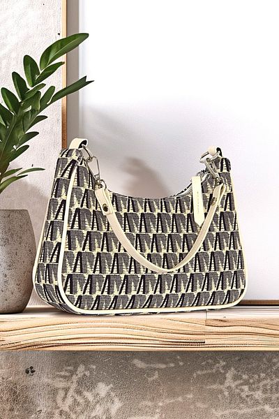 Tonny Black New Season Jacquard Shoulder Bag - Stylish Hand and Shoulder Bag with Zipper and Removable Crossbody Strap