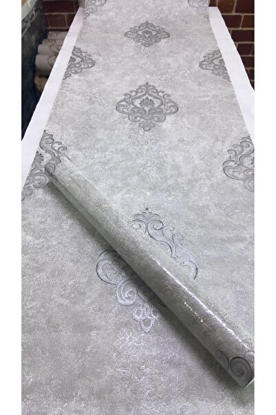 Genel Markalar Gümüş Gri Dokulu Damask Desen Duvar Kağıdı 53x10 Metre