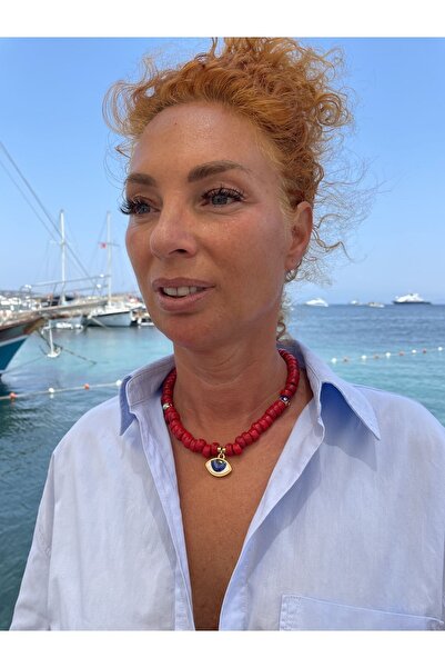 byebruketenci Kırmızı Bodrum Cam Boncuklu Porselen Göz Şeklinde Nazar Boncuklu Kolye.