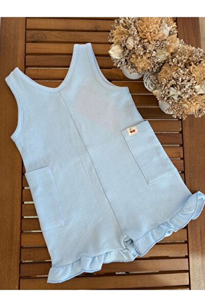 Tuffy Kids Babyaden Waffle Mavi Pamuklu Cepli Sırt Düğmeli Bebek Tulum