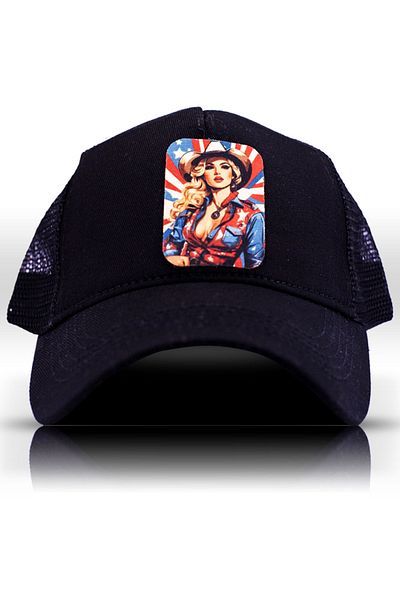 Retro American Girl Unisex Black Baseball Cap - Mesh Trucker Cap
