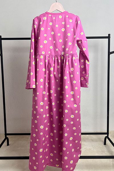 Masnu Çocuk Pink Flower Patterned Girl's Prayer Dress - 100% Cotton