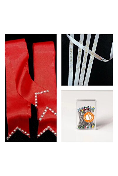 yörük tuhafiye Red Pearl - 100 Needles and White Bridesmaid Sleeve Ribbon and Ribbon