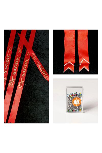 yörük tuhafiye Red Pearl Jewelry for Bride - Groom and 100 Pieces of Needle and Groomsmen Sleeve Ribbon