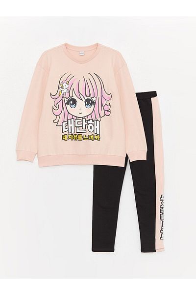 LC Waikiki Crew nyakú, hosszú ujjú, nyomott lány pulóver és leggings nadrág